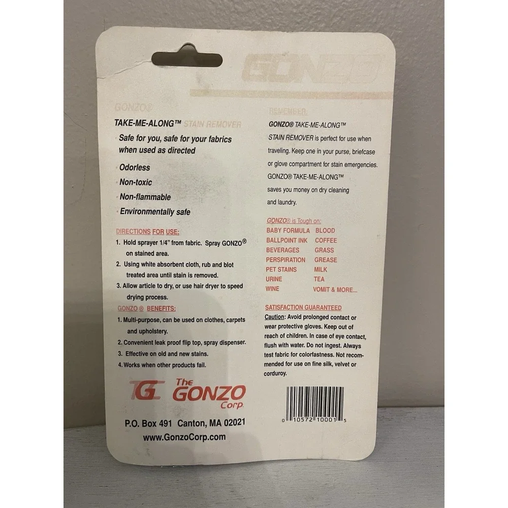 New Gonzo Take Me Along Stain Remover Clothes Fabric Carpet Travel 1oz RARE‎ NEW